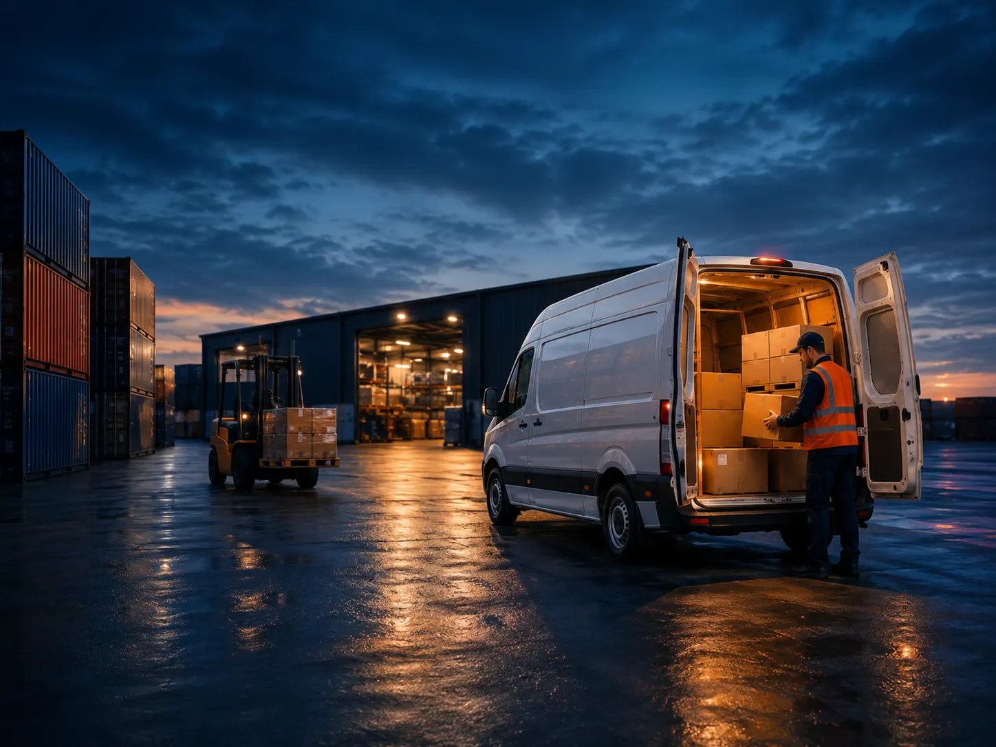 Nextway UK courier van at a logistics depot loading bay