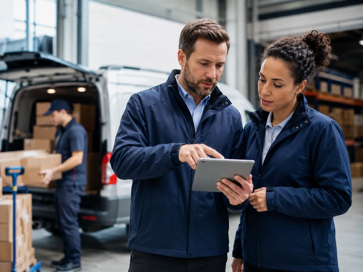 Warehouse worker scanning parcels for dispatch