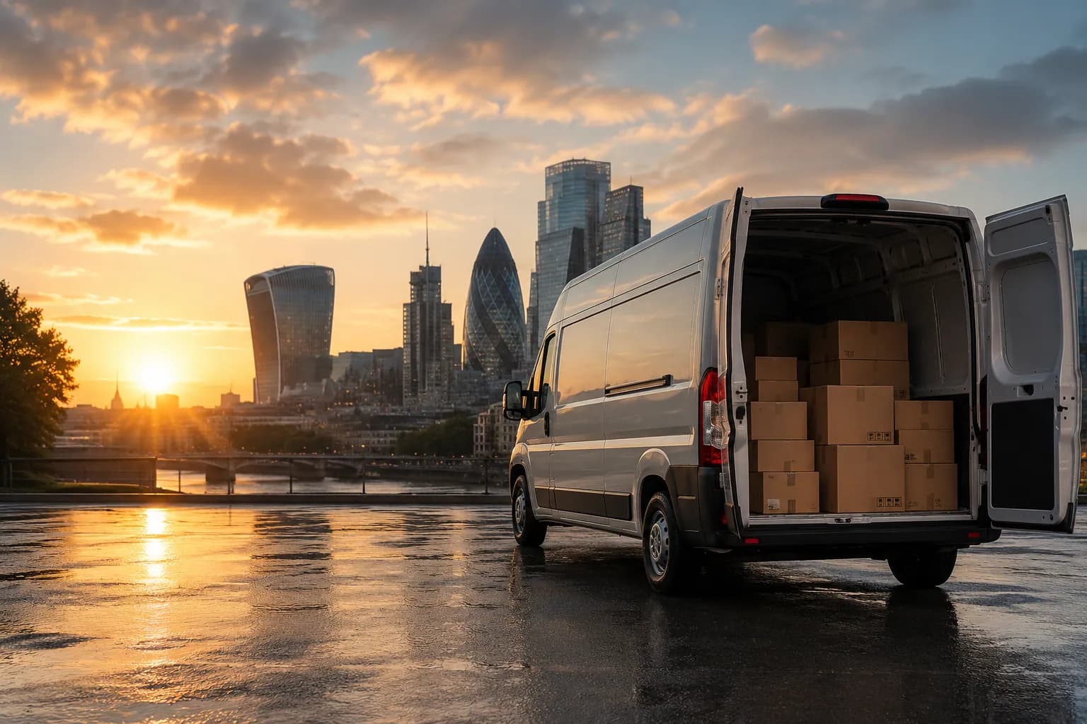 Nextway UK delivery van on a UK city road at golden hour